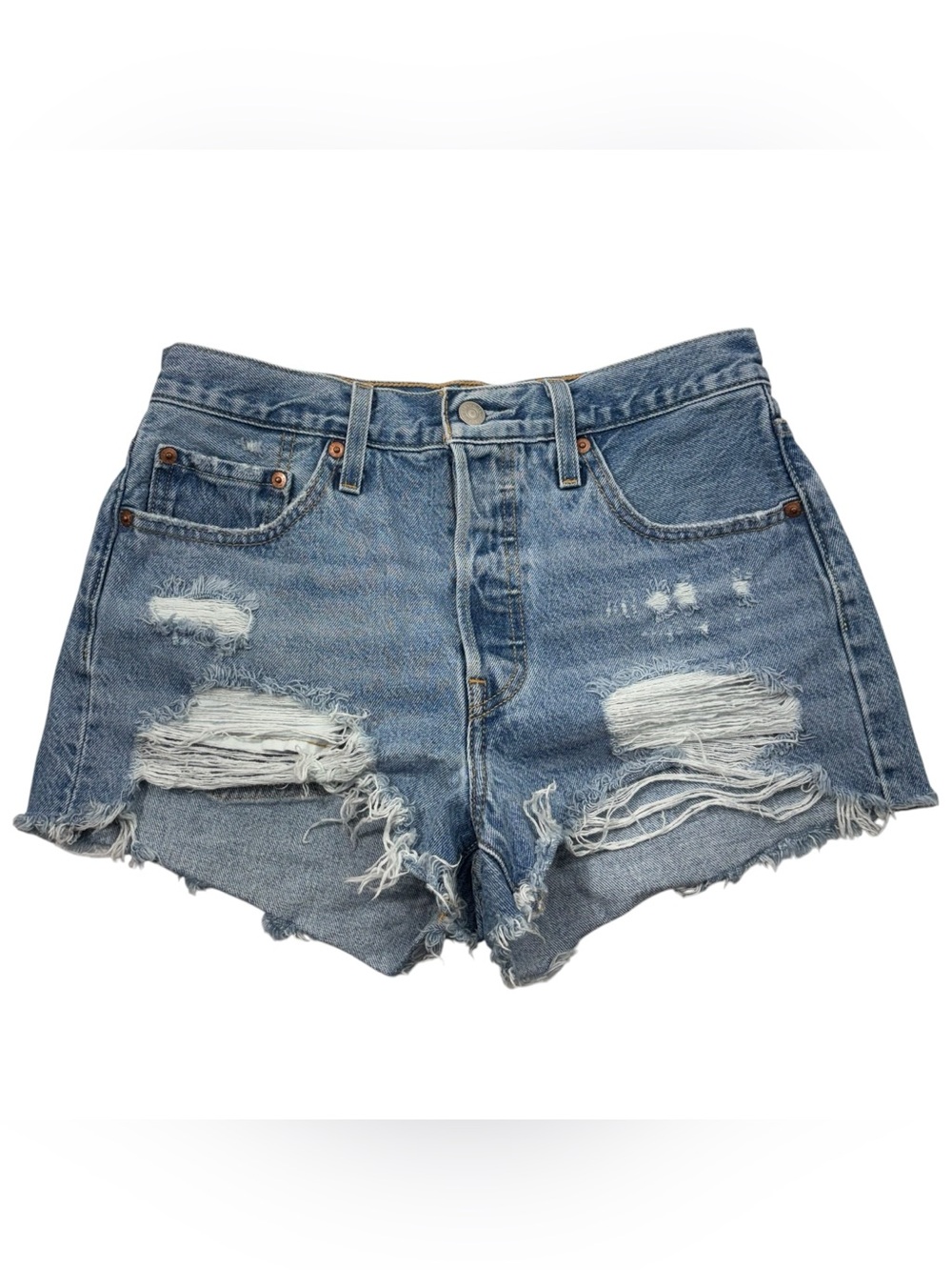 Levis 501 Distressed Raw Cut Hem High Waisted Vintage Look Relaxed Denim Shorts